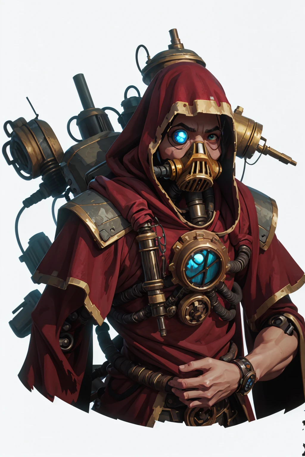 male techpriest in long red robe, gas mask, hunched, ugly, metal arms, robot eye, hood, backpack, mechanical arms, steampunk, hood, robe, techpriest, (upper body portrait), plain white background