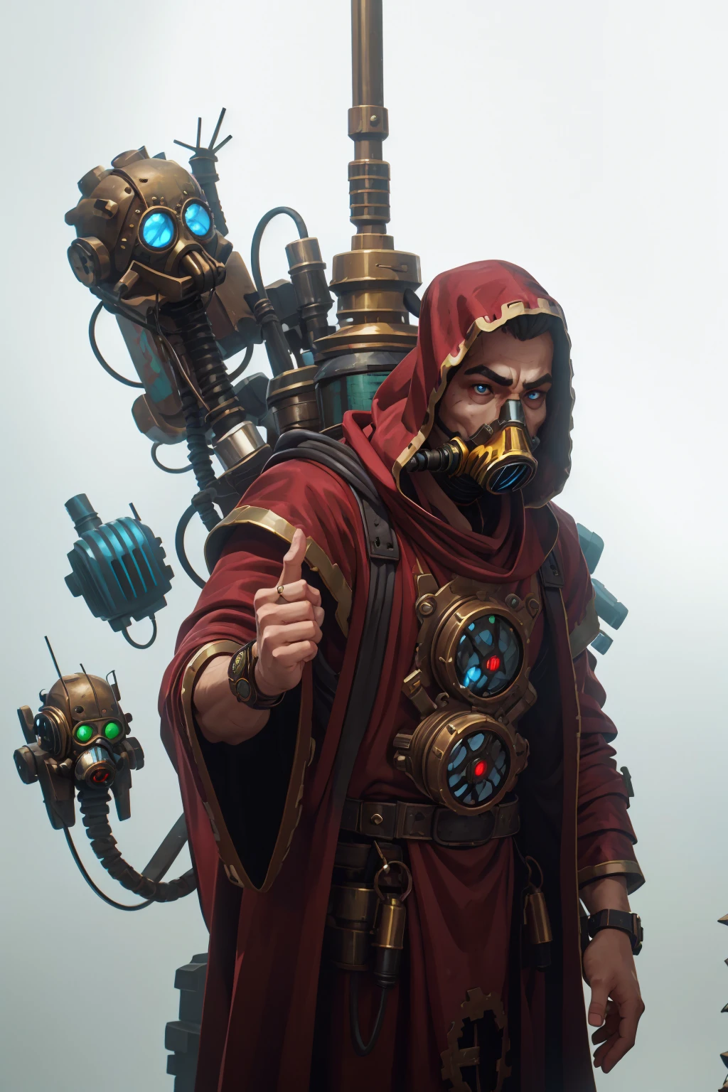 male techpriest in long red robe, gas mask, hunched, ugly, metal arms, robot eye, hood, backpack, mechanical arms, steampunk, hood, robe, techpriest, (upper body portrait), plain white background