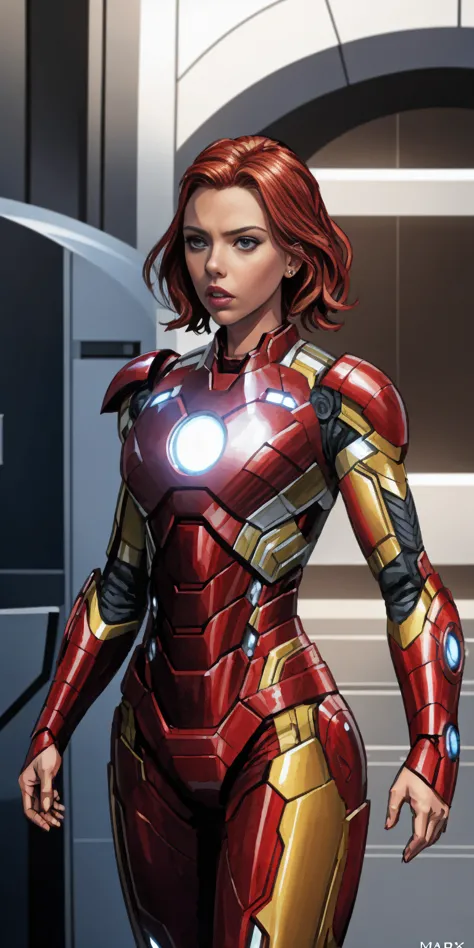 scarlett johansson in iron man armor: mark xlix rescue armor, detailed costume design