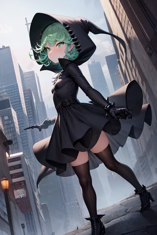 Masterpiece, best quality, ultra detailed, illustration, lighting epic, cinematic composition, 1 girl, Tatsumaki, short hair, green hair, very small breasts, green eyes, bright eyes, pouting, blushing, closed mouth, piercing gaze, full body, Very tall, Silver hood, Metal spikes, Silver wristbands, Long black gloves with spikes, Silver gothic outfit, Gothic lolita, Gray dress, Metal emblem, Black belt, Metal skin, Black stockings, Black shoes, City stop, City background, Anime