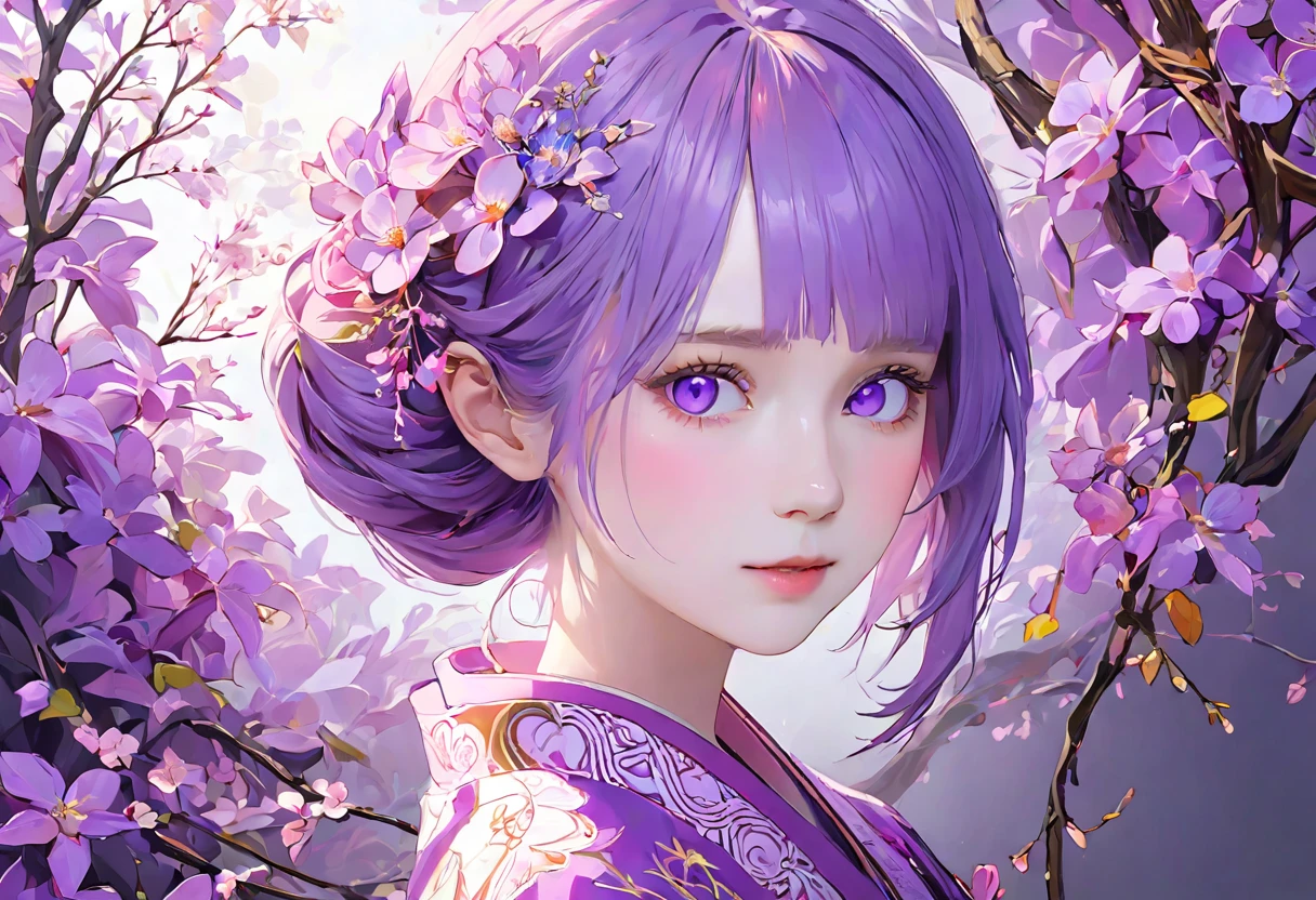 (((White background)))、2、Unity 8k wallpaper、Super detailed、Beautiful and aesthetic、masterpiece、Highest quality、(Fractal Art:1.3)、One Woman、, violet eyes, Beautiful violet  hair、Japanese、Big pink、Violet kimono、Japanese..., violet hair, violet eyes, chignon