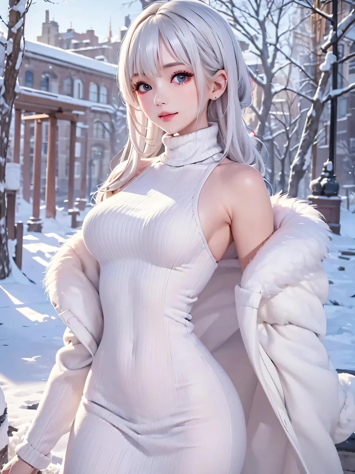 masterpiece:1.5, highquality. 1girl, turtleneck sweater, sideboob, white hair, fur coat, medium breasts, bright skin. background:winter ruins, snow fall