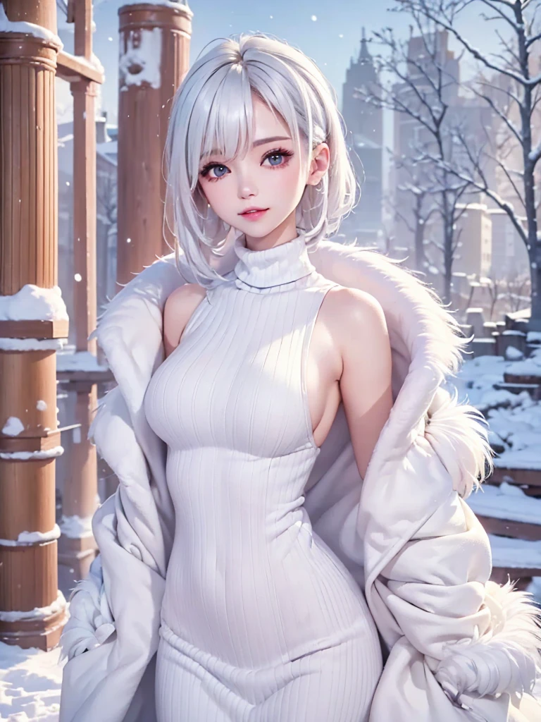 masterpiece:1.5, highquality. 1girl, turtleneck sweater, sideboob, white hair, fur coat, medium breasts, bright skin. background:winter ruins, snow fall