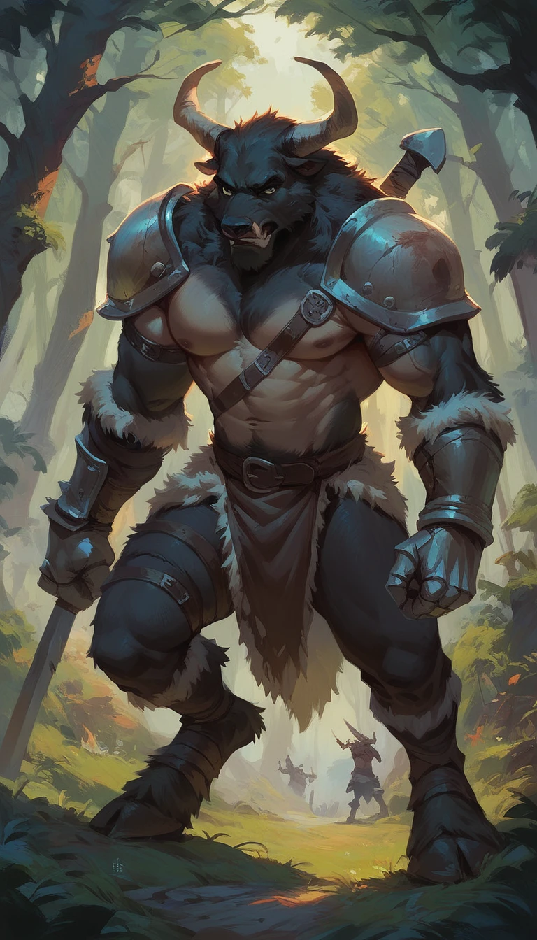 score_9, score_8_up, score_7_up, score_6_up, anthro, humanoid ox, black fur, barbarian, gauntlets, pauldron, pants, forest