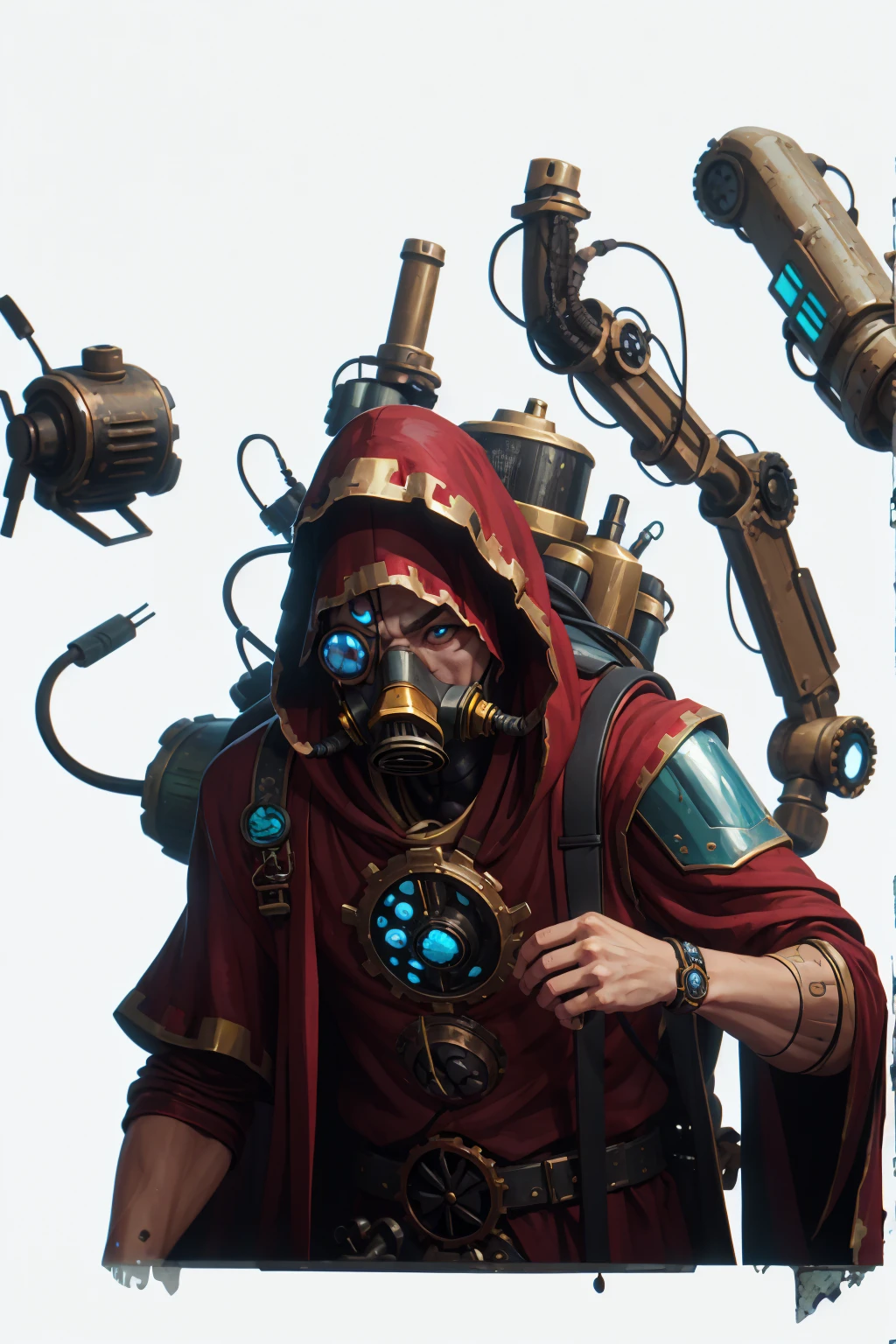 male techpriest in long red robe, gas mask, hunched, ugly, metal arms, robot eye, hood, backpack, mechanical arms, steampunk, hood, robe, techpriest, (upper body portrait), plain white background