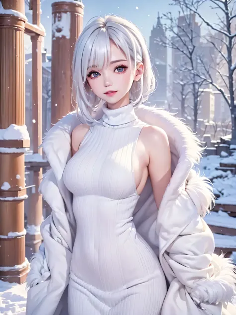 masterpiece:1.5, highquality. 1girl, turtleneck sweater, sideboob, white hair, fur coat, medium breasts, bright skin. background...