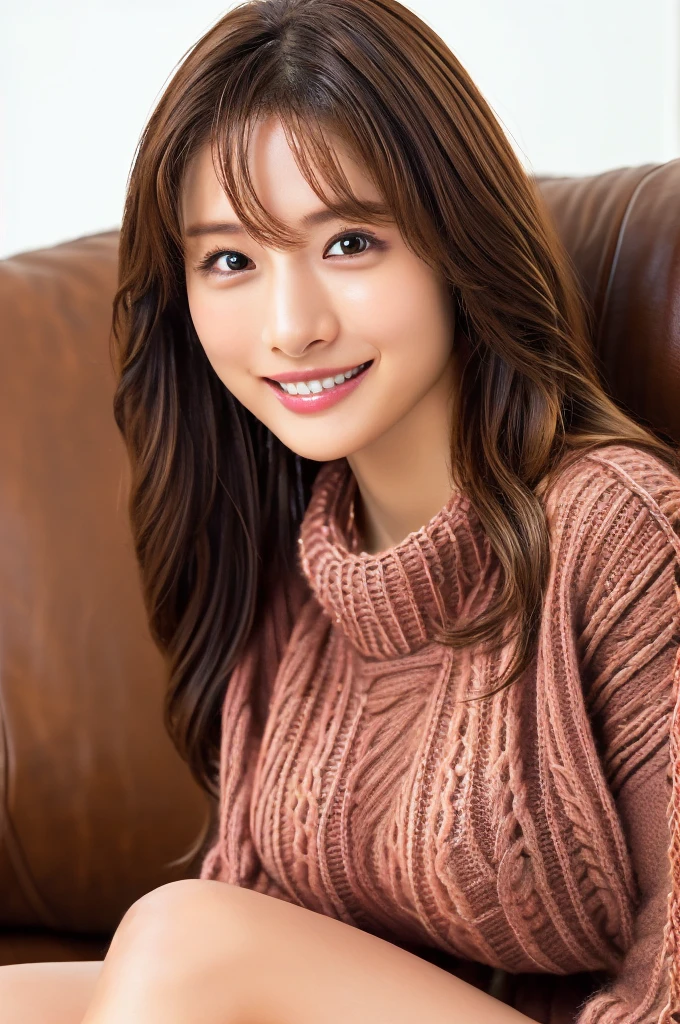 ((Large knit sweater:1.5))、Fluffy hair、smile、((Sitting on the sofa))、((Sitting with legs crossed))、((Big Boobs))、((Highest quality、8k、masterpiece:1.3))、Ultra-high resolution、(photoGenuineistic:1.4)、RAW Photos、Japanese,(detailed aspects)、Genuine、Photographed in natural light、Highly detailed face and skin texture、Highly detailed lips、The correct state of the human body、Brown Hair、((I can see your thighs:1.5))、Natural color lip、Semi-long hair、Simple Necklace、((Full body photo))