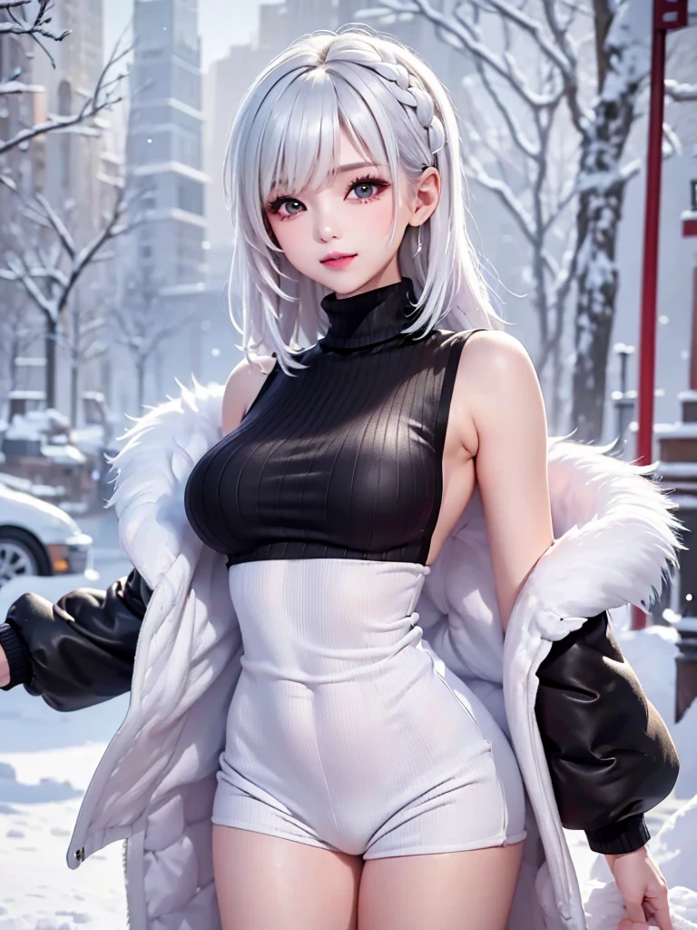 masterpiece:1.5, highquality. 1girl, turtleneck sweater, sideboob, black short pants,  white hair, fur coat, medium breasts, bright skin. background:winter ruins, snow fall