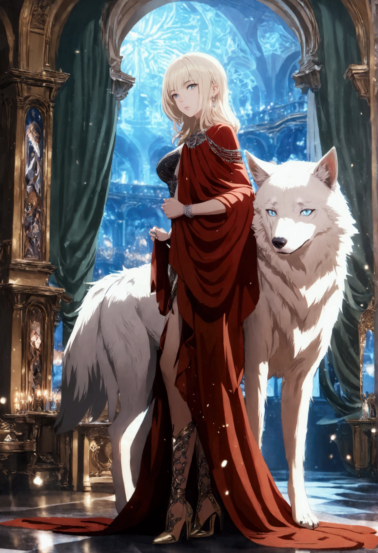 fantasy art, RPG art, ultra wide shot, RAW, photorealistic, a picture of woman and her (white: 1.4) wolf pet, the woman,  an exquisite beautiful human woman, long blond hair, braided hair, green eyes, wearing elegant silk dress, intricate dress,  wearing (red cloak: 1.1), wearing high heeled boots, standing in a fantasy ballroom, an epic ((white)) wolf stands near her, glowing blue eyes, protecting her, fantasy ballroom at night background, best quality, 16k, [ultra detailed], masterpiece, best quality, (ultra detailed), full body, ultra wide shot, photorealism