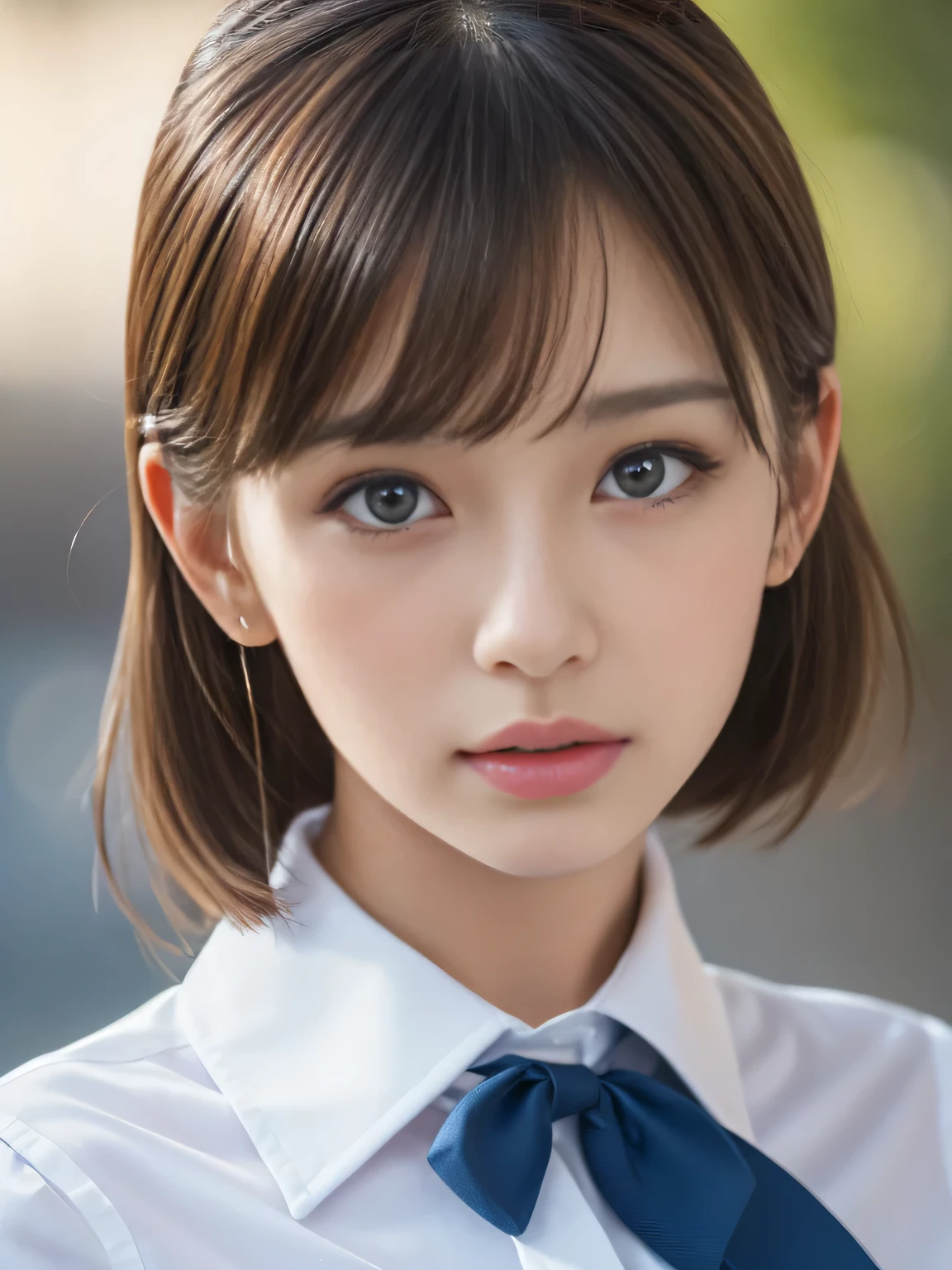 masterpiece, best quality, ultra-detailed, intricately detailed hyperdetailed, realistic, sharp features, highly detailed, sharp focus, Realistic, Photorealistic:1.3, perfect face, perfect symmetrically eyes, perfect full lips, hyper detailed, hyper realistic, high resolution, Japanese idol,  Cute and sexy, fascinate,  Beautiful Face, ((school uniform, white collared short sleeve shirt, blue ribbon)), light brown hair, Beautiful hairstyle, (sexy face:1.2), (looking at viewer), portrait, cinematic lighting, blurred background, 