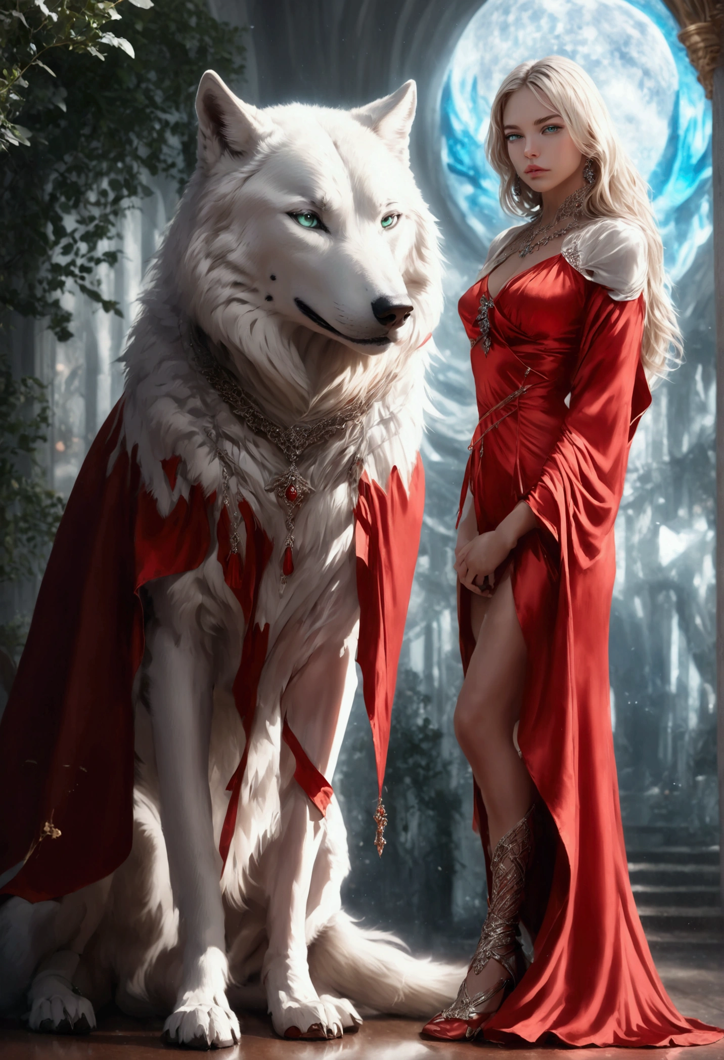 fantasy art, RPG art, ultra wide shot, RAW, photorealistic, a picture of woman and her (white: 1.4) wolf pet, the woman,  an exquisite beautiful human woman, long blond hair, braided hair, green eyes, wearing elegant silk dress, intricate dress,  wearing (red cloak: 1.1), wearing high heeled boots, standing in a fantasy ballroom, an epic ((white)) wolf stands near her, glowing blue eyes, protecting her, fantasy ballroom at night background, best quality, 16k, [ultra detailed], masterpiece, best quality, (ultra detailed), full body, ultra wide shot, photorealism