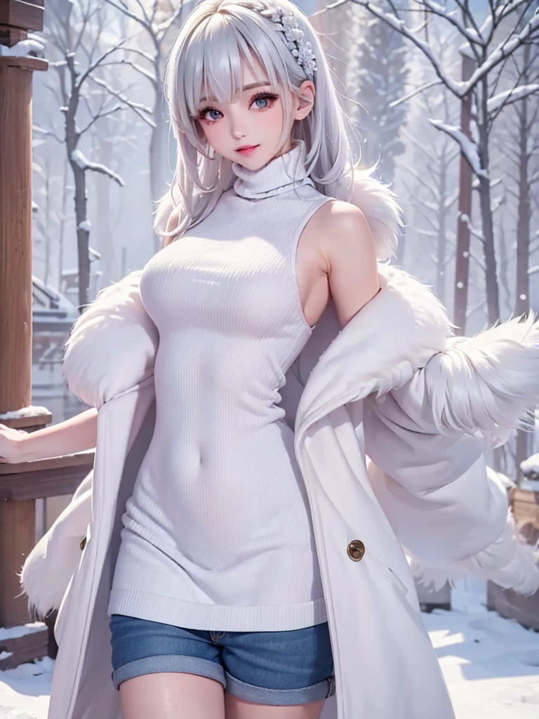 masterpiece:1.5, high quality. 1girl, turtleneck sweater, sideboob, denim short pants, pantyhose, white hair, fur coat, medium breasts, bright skin. background: winter ruins, snow fall
