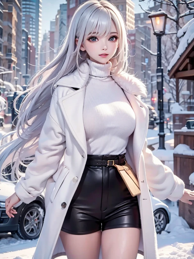 masterpiece:1.5, high quality. 1girl, black turtleneck sweater, sideboob, black short pants,  pantyhose, white hair, fur white coat, medium breasts, bright skin. background: winter ruins, snow fall