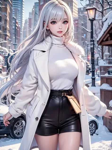 masterpiece:1.5, high quality. 1girl, black turtleneck sweater, sideboob, black short pants,  pantyhose, white hair, fur white c...