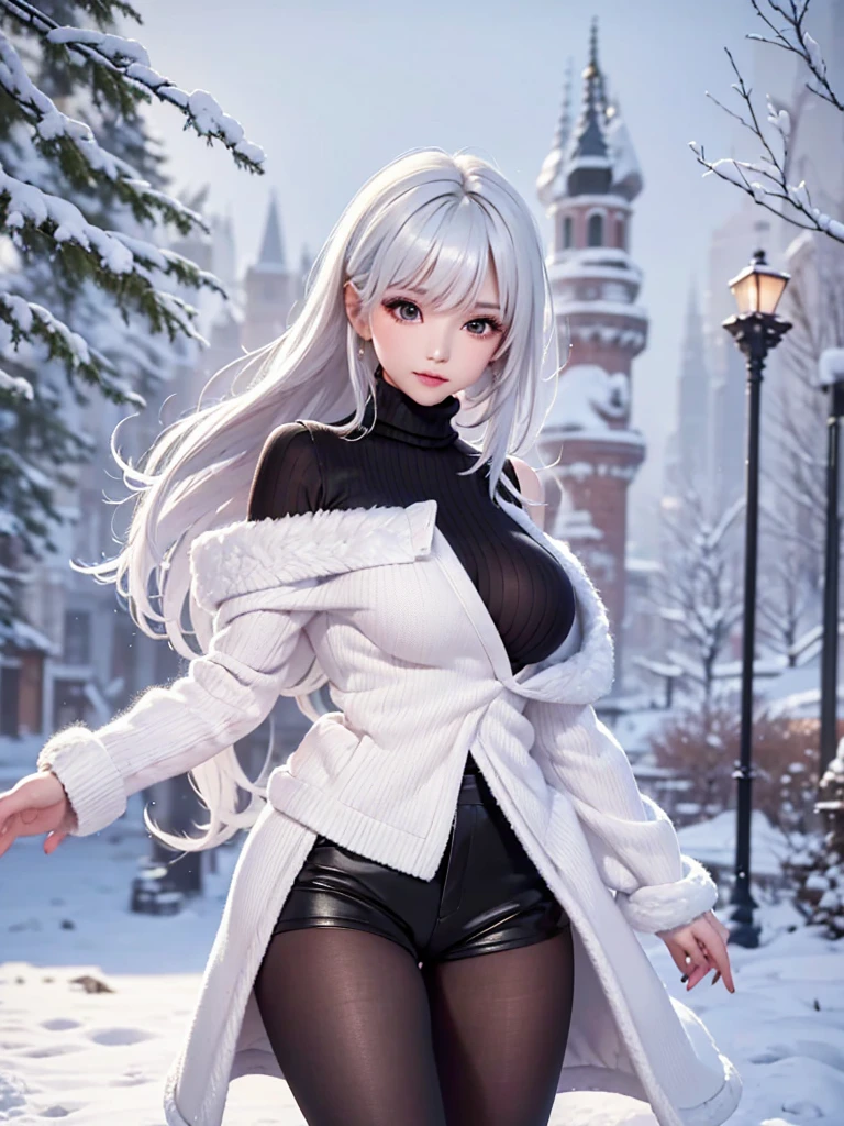 masterpiece:1.5, high quality. 1girl, black turtleneck sweater, sideboob, black short pants,  pantyhose, white hair, fur white coat, medium breasts, bright skin. background: winter ruins, snow fall