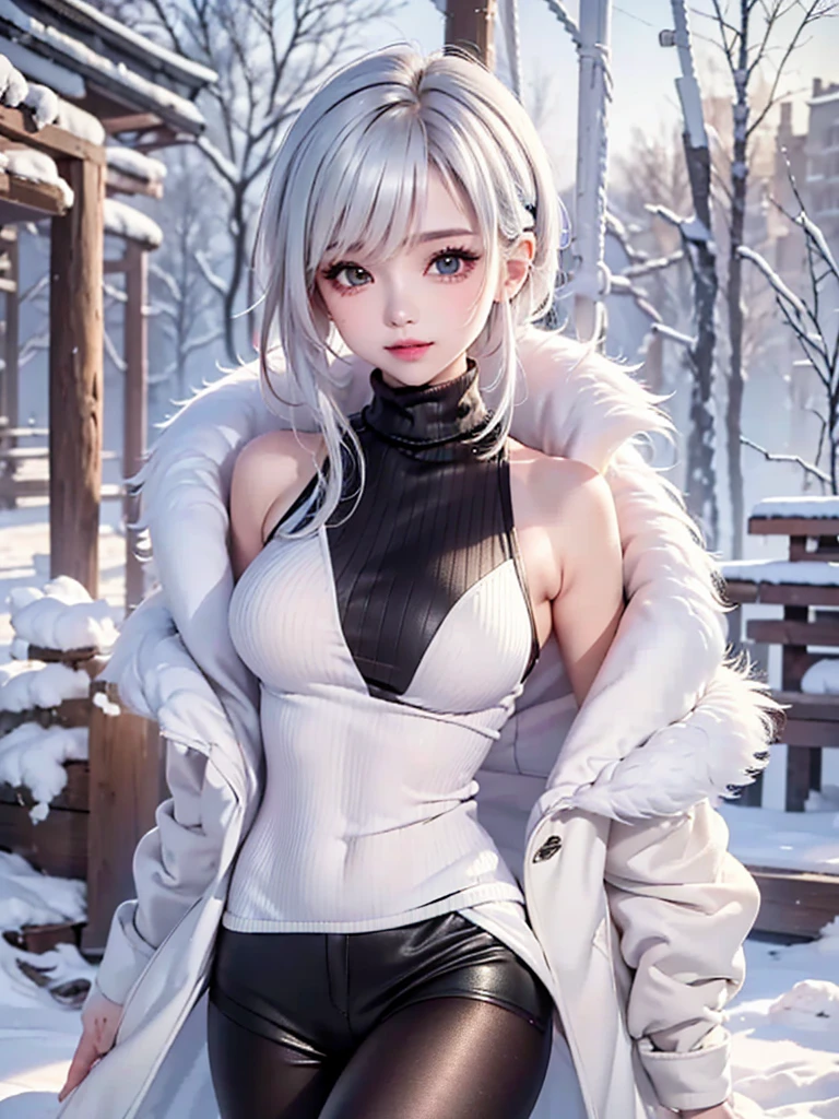 masterpiece:1.5, high quality. 1girl, black turtleneck sweater, sideboob, black short pants,  pantyhose, white hair, fur white coat, medium breasts, bright skin. background: winter ruins, snow fall