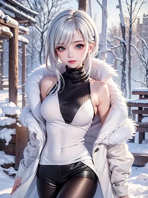 masterpiece:1.5, high quality. 1girl, black turtleneck sweater, sideboob, black short pants,  pantyhose, white hair, fur white c...