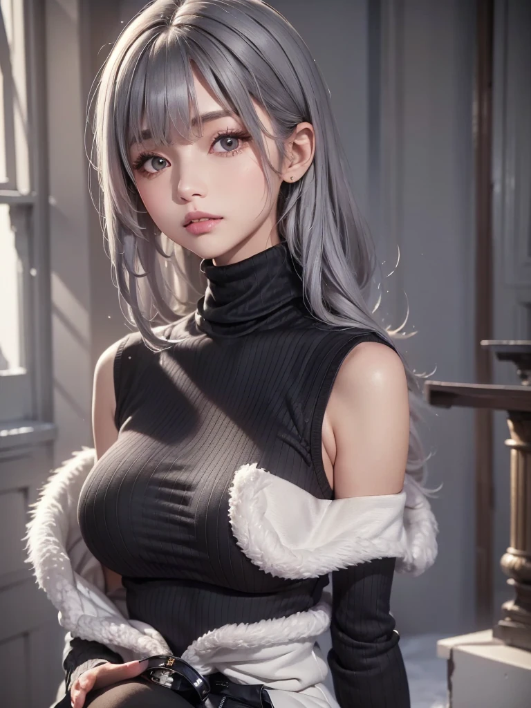 masterpiece:1.5, high quality. One girl, Black turtleneck sweater, Side bust, Black shorts, pantyhose, Gray Hair, Fur lab coat, Medium breast, Light Skin. [background: Winter Ruins, it&#39;s snowing
