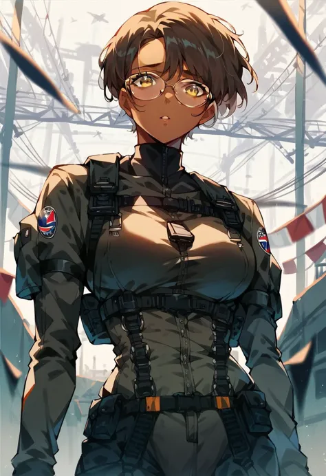 beautiful shy anime pilot woman, tanned skin, short brown hair, aviator glasses, yellow eyes, black tactical leather flightsuit,...