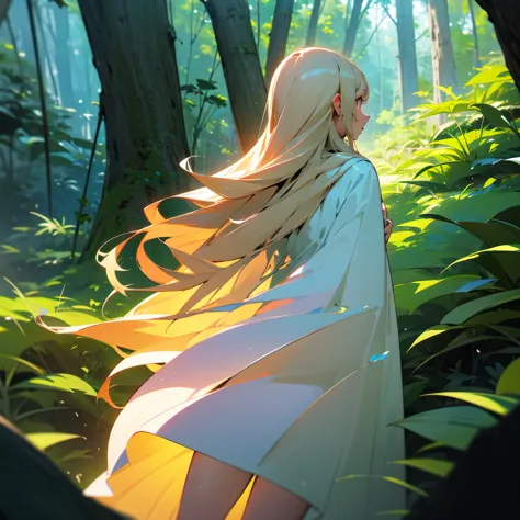 a woman with long blonde hair wearing a flowing white dress walking through a lush, dense forest, her back turned to the camera,...