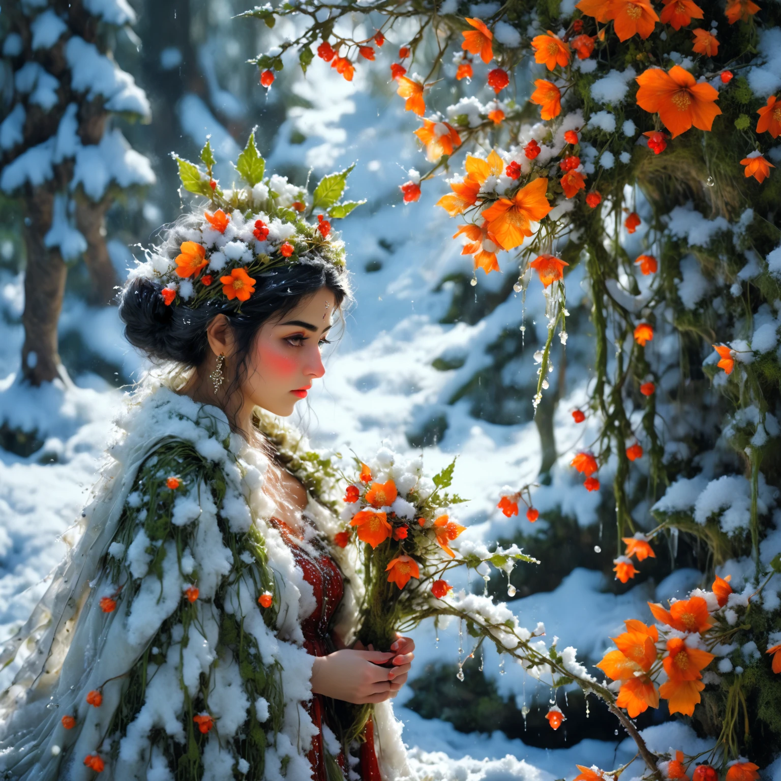 Persian queen in the middle of the cold winter, beautiful, Swedish lady wearing a gaussian gown made of snow, a diminutive gently crying pixie with tears as big as dew drops sitting in the falling snow on a leaf covered by moss under a large flower with a hole in it where snow drops gets in, snowy forest background, tiny flowers, sparkling with dew and snow flakes, red orange and yellow colors through dappled sunlight, all is covered by snow