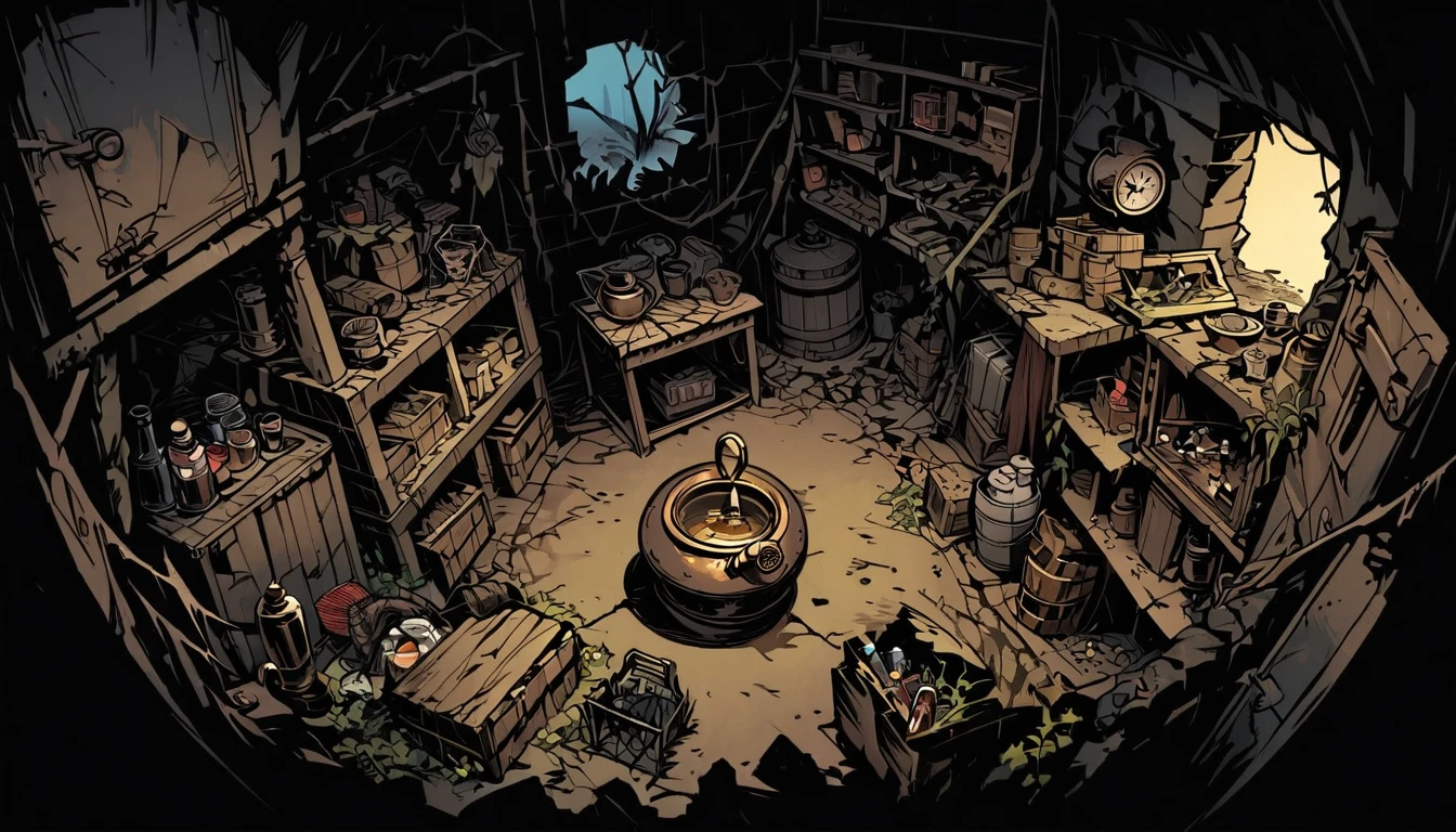 top view, Storage Room in bunker, cluttered with crates, empty supplies, living vines, broken crates, small valuable resources, bottles, cobwebs, survival, underground environment, WW1 bunker, ((old brass oil lamp)), masterpiece, Darkest Dungeon art, ultra detailed, thick outlines style
