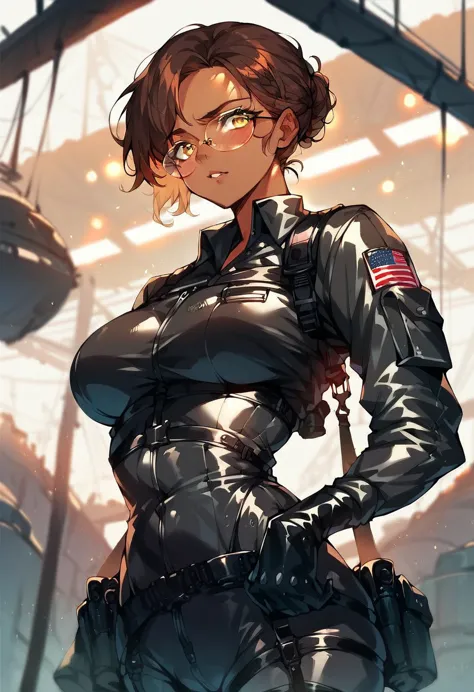 beautiful shy anime pilot woman, tanned skin, short brown hair, aviator glasses, yellow eyes, black tactical leather flightsuit,...