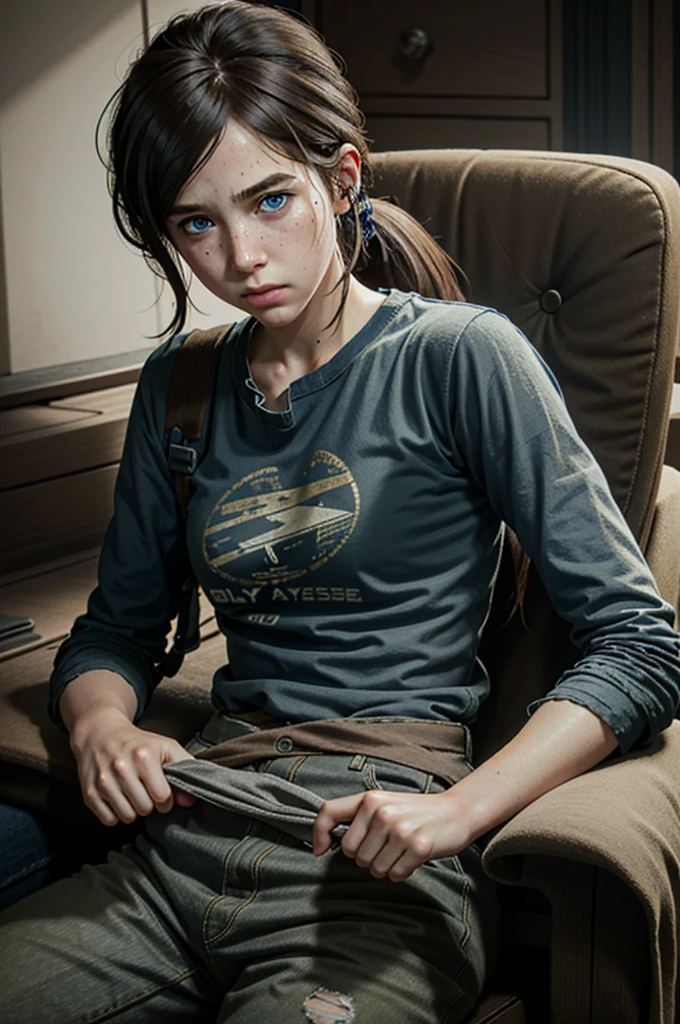 Ellie, 1 girl, Alone, realist, Brown hair, parts, chair, dirty, blue eyes, Horse tail, shirt, Lips, holding his own arm, dirty face, injury, layered sleeves, jewelry,masterpiece, Best Quality, Cinematic lighting, torn clothes 