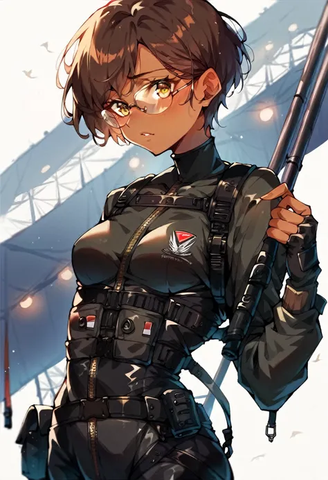 beautiful shy anime pilot woman, tanned skin, short brown hair, aviator glasses, yellow eyes, black tactical leather flightsuit,...