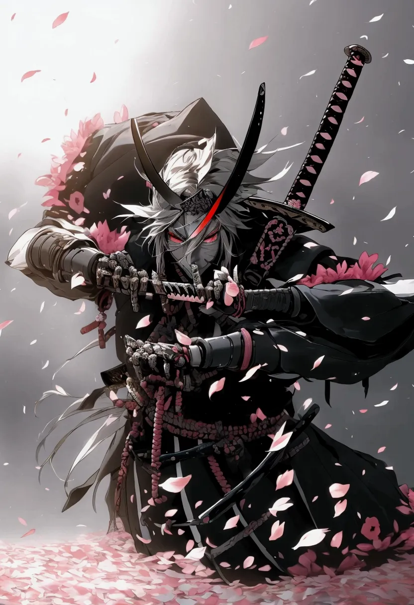 a close up of a person holding a sword in a field of petals, cyberpunk samurai, demon samurai warrior, demon samurai, samurai st...