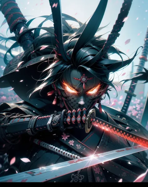 a close up of a person holding a sword in a field of petals, cyberpunk samurai, demon samurai warrior, demon samurai, samurai st...