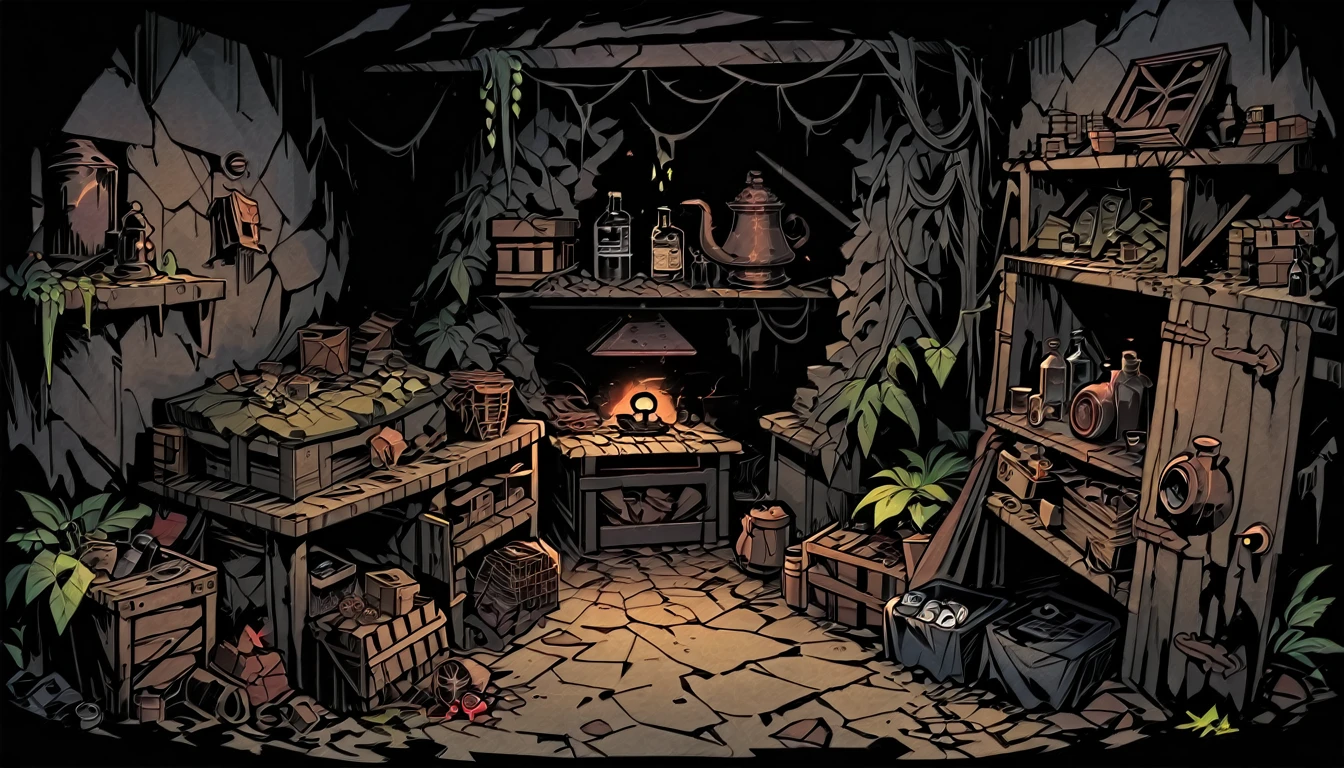 top view, Storage Room in bunker, cluttered with crates, empty supplies, living vines, poor lightning, poor storage, broken crates, small valuable resources, bottles, cobwebs, survival, underground environment, WW1 bunker, ((old oil lamp)), masterpiece, Darkest Dungeon art, ultra detailed, thick outlines style
