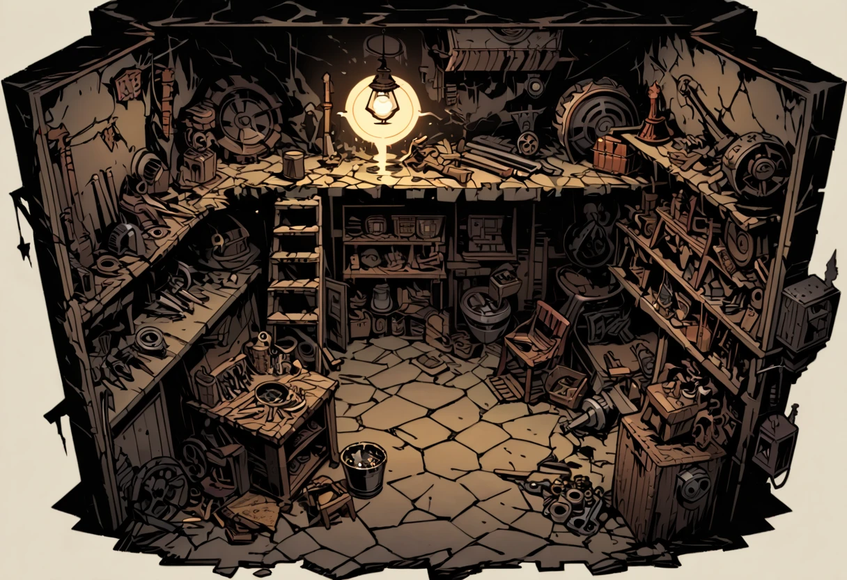 top view, poor Workshop in bunker, primitive machines, hand tools, old vises, mechanical devices, creating tools, repairs, resources, key location, survival, craftsmanship, poor lightning, WW1 bunker, (( light from old oil lamp)), masterpiece, Darkest Dungeon art, ultra detailed, thick outlines style
