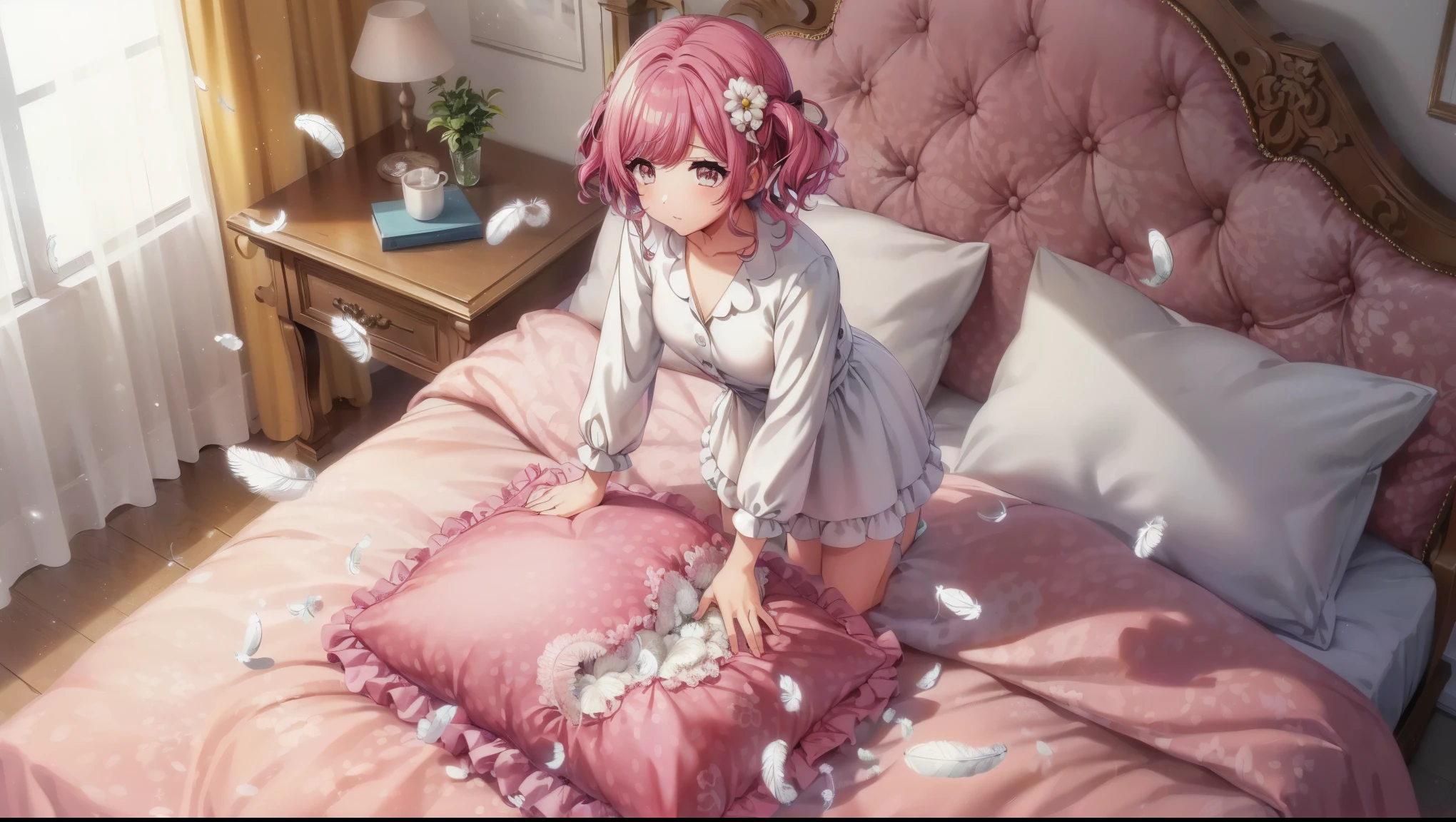 (best quality， masterpiece) , details, (Light and shadow oxtail) , Cute girl posing on pillow ，Pillow, Upholstered，Soft pillow，（Pillow），The love surrounding the protagonist，steam，(Luxury Pillow），（Gorgeous pattern pillow），luxurious pillow, standing,（Love around the protagonist），（pillow）, frilled pillow   , 1 pillow, standing on a top of pillow, on pillow, big pillow, fluffy pillow, pillow damage, stomping pillow, stomping, pillow on floor, stepping on pillow, posing on top pillow, full body, pillow on floor, (((feathers))), pillow destroy, ripping pillow, tearing pillow in half, feathers everywhere, cotton, stuffing pillow, sakurada miyu