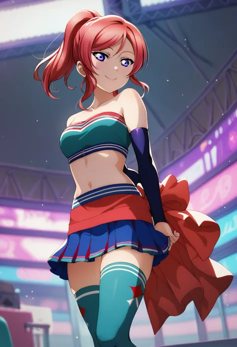 masterpiece, best quality, nishikino maki,red hair, medium hair, purple eyes , cheerleader top , tube top, skirt, elbow gloves, ...