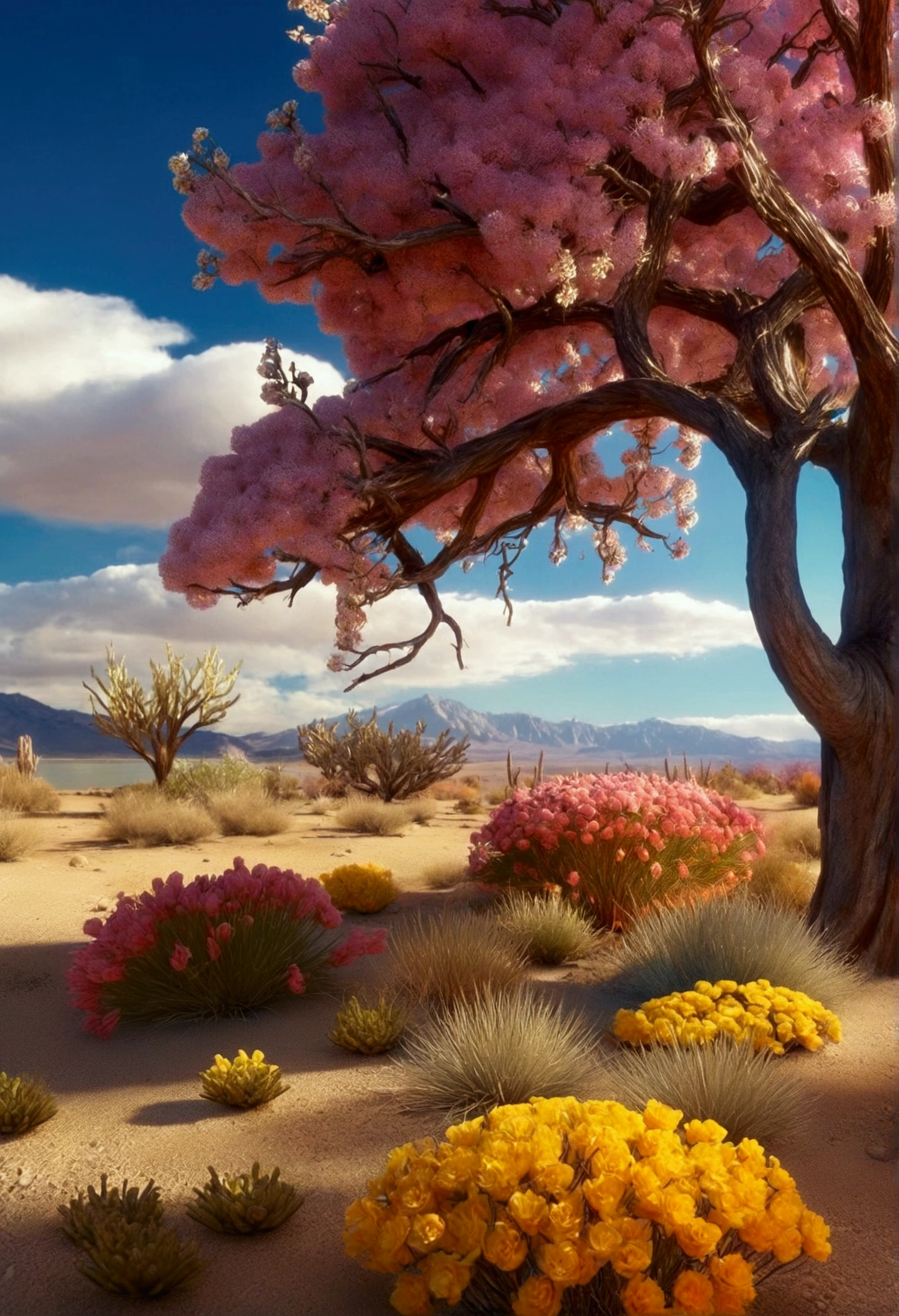 Masterpiece, best quality, high quality, extremely detailed CG uniform 8k wallpaper, flowering landscape, dry places such as empty desert, dearest, cunning, Mono Lake, Pu Tree, 3D digital painting, award winning photography, bokeh, depth of field, HDR, bloom, Chromatic Aberration, Photorealistic, extremely detailed, trending on artstation, trending on CGsociety, Intricate, High Detail, dramatic, art by midjourney