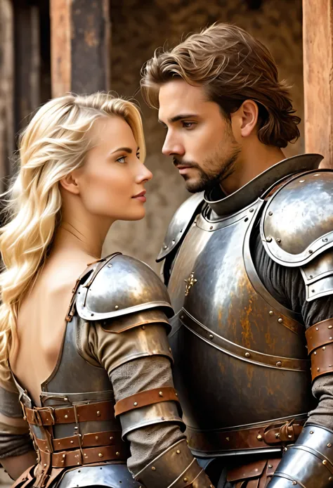 a 30 year old man trapped in a rusty old iron armor, next to a beautiful 30-year-old blonde woman who watches him as he tries to...