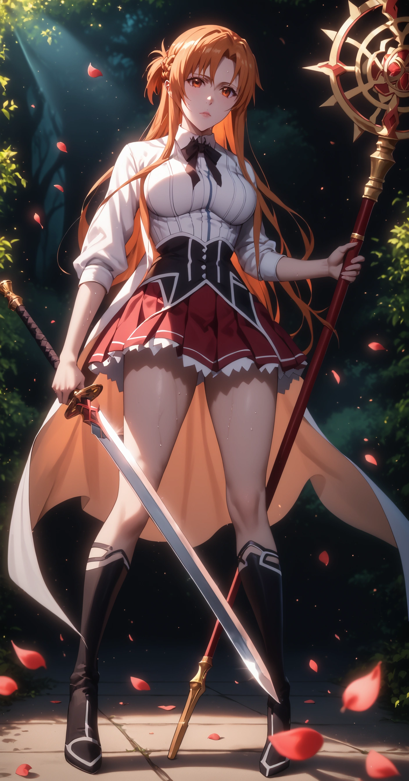 score_9, score_8_up, score_7_up, score_6_up, asuna yuuki from sword art online, orange hair, fold, braid, short hair, orange eyes, BREAK beautiful detailed eyes, beautiful detailed lips, extremely detailed face and portrait, elegant expression, soft warm lighting, volumetric lighting, cinematic composition, detailed environment, lush garden, vibrant colors, intricate details, masterpiece, high resolution, digital painting, excessive sweating, sweating profusely, sweating drop BREAK, 1girl, staff, holding staff, sword, holding sword, falling petals, bokeh, spotlight, reflective floor, dusk, collared shirt, long sleeves, black ribbon, neck ribbon, vertical-striped shirt, black corset, dark red skirt, pleated skirt, frilled skirt, large breasts, curvy, thigh, looking at viewer, 