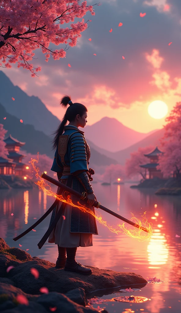 Rendered in stunning 3D Blender with Unreal Engine, this hyper-detailed, photorealistic scene draws inspiration from the animation style of ‘Your Name’. A powerful samurai, with animated features reminiscent of that film’s soft yet vibrant aesthetic, stands firmly in a beautifully crafted twilight landscape. His burning katana blazes with ethereal, lifelike flames, casting a warm, flickering light across his intricately designed armor. Every element is meticulously detailed, from the delicate threads of his ceremonial garb to the weathered texture of his sword’s hilt.

In the background, a traditional Japanese setting unfolds with the magic of twilight: towering mountains silhouetted against a colorful sky, ancient temples glowing softly with lantern light, and cherry blossom petals drifting through the air. The reflections on a nearby pond shimmer with realism, while the surrounding trees, rendered with incredible depth and texture, sway gently in the evening breeze. The atmosphere blends the dreamy, surreal tones of ‘Your Name’ with the realism and emotional depth of modern animation technology, bringing the scene to life in a breathtaking, almost tangible way.