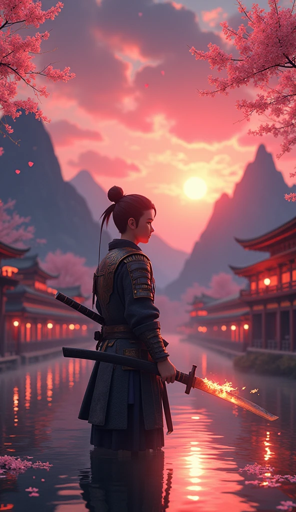 Rendered in stunning 3D Blender with Unreal Engine, this hyper-detailed, photorealistic scene draws inspiration from the animation style of ‘Your Name’. A powerful male samurai, with animated features reminiscent of that film’s soft yet vibrant aesthetic, stands firmly in a beautifully crafted twilight landscape. His burning katana blazes with ethereal, lifelike flames, casting a warm, flickering light across his intricately designed armor. Every element is meticulously detailed, from the delicate threads of his ceremonial garb to the weathered texture of his sword’s hilt.

In the background, a traditional Japanese setting unfolds with the magic of twilight: towering mountains silhouetted against a colorful sky, ancient temples glowing softly with lantern light, and cherry blossom petals drifting through the air. The reflections on a nearby pond shimmer with realism, while the surrounding trees, rendered with incredible depth and texture, sway gently in the evening breeze. The atmosphere blends the dreamy, surreal tones of ‘Your Name’ with the realism and emotional depth of modern animation technology, bringing the scene to life in a breathtaking, almost tangible way.undefined, 