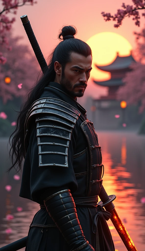 Rendered in stunning 3D Blender with Unreal Engine, this hyper-detailed, photorealistic scene features a powerful male samurai standing in a twilight Japanese landscape, his intense gaze fixed directly at the viewer. His chiseled face, marked with a faint scar across his cheek, exudes strength and resolve. His piercing eyes, framed by a furrowed brow, reflect years of battle and experience, creating an unyielding connection with those who meet his gaze. His dark hair is tied back in a traditional topknot, and the subtle details of his weathered skin and hardened expression add to the sense of realism.

In his hand, he wields a burning katana, with flames crackling along the blade, casting a fiery glow on his intricately detailed armor. Every element is rendered with precision, from the fine textures of the blackened steel to the worn leather grips of his sword. Behind him, a serene yet powerful Japanese landscape unfolds: a distant temple bathed in soft lantern light, cherry blossom petals floating gently through the air, and a calm pond reflecting the fiery glow of his weapon. The twilight sky, painted with photorealistic hues of deep orange and purple, enhances the atmosphere, while the samurai’s unwavering stare draws viewers into the scene, creating a dynamic, lifelike connection.