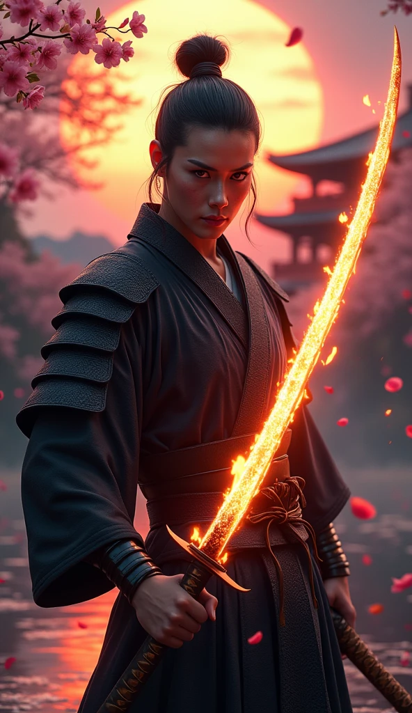 Rendered in stunning 3D Blender with Unreal Engine, this hyper-detailed ultra wide angle shot, photorealistic scene features a powerful male samurai standing in a twilight Japanese landscape, his intense gaze fixed directly at the viewer. His chiseled face, marked with a faint scar across his cheek, exudes strength and resolve. His piercing eyes, framed by a furrowed brow, reflect years of battle and experience, creating an unyielding connection with those who meet his gaze. His dark hair is tied back in a traditional topknot, and the subtle details of his weathered skin and hardened expression add to the sense of realism.

In his hand, he wields a burning katana, with flames crackling along the blade, casting a fiery glow on his intricately detailed armor. Every element is rendered with precision, from the fine textures of the blackened steel to the worn leather grips of his sword. Behind him, a serene yet powerful Japanese landscape unfolds: a distant temple bathed in soft lantern light, cherry blossom petals floating gently through the air, and a calm pond reflecting the fiery glow of his weapon. The twilight sky, painted with photorealistic hues of deep orange and purple, enhances the atmosphere, while the samurai’s unwavering stare draws viewers into the scene, creating a dynamic, lifelike connection.