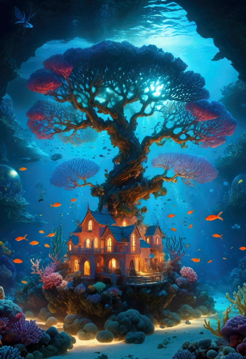 a whimsical underwater scene with ancient phosphorescent tree-corals sheltering sea sprite villages,delicate coral structures aglow with inner fire, luminous sea butterflies flitting between floating bubble gardens,detailed fantasy landscape,underwater world,highly detailed,cinematic lighting,vibrant colors,dramatic composition,masterpiece,digital art, bright vibrand colorful luminescennt glow in the dark scene