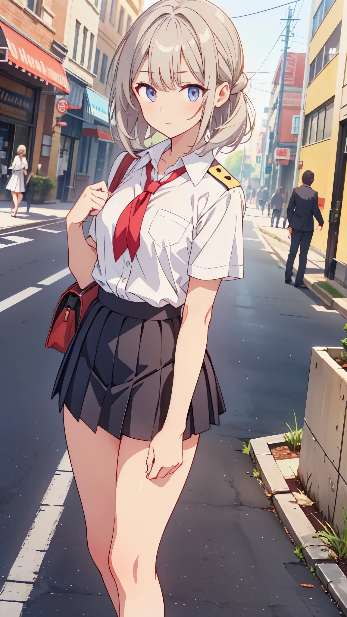 A woman in a short skirt and white shirt is standing on the sidewalk Best quality, 1 girl, Uniform Ilya, Ilya&#39;uniform,Outdoor,(((Wind lift))),Skirt Lift, Side ties_panties, Skirt fluttering in the wind,