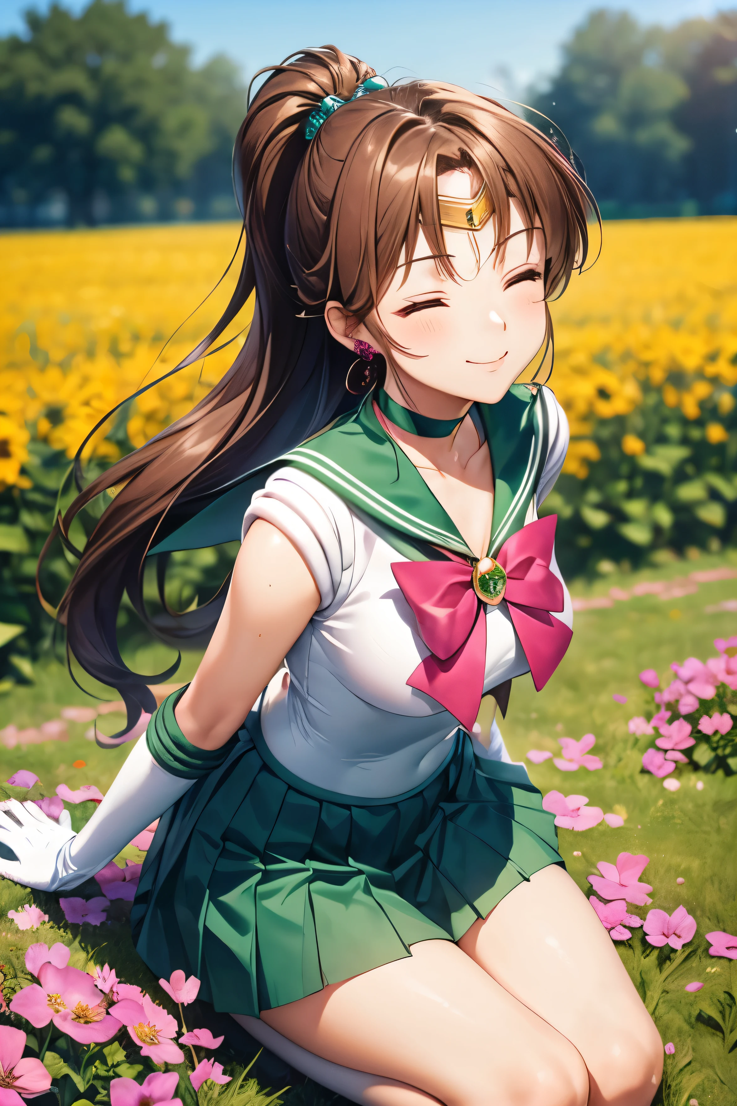 Sailor Jupiter,(beautiful girl: 1.3),One girl,masterpiece, Highest quality, Ultra-high resolution,Rich contrast,super high quality,8k,Highly detailed CG unit wallpaper,Texture,Unbelievably absurd,Ultra-high resolution,RAW Photos,Depth of Field 1.2, (She closes her eyes:1.3),(((smile))),Dazzling Light,((Flower Field)),I have flowers,((Flower Hair Ornaments)),butterflies in flowerbed,Glitter effect,(extreme close-up),jupiter_a, tiara, sailor senshi uniform, green skirt, green sailor collar, pink bow, knee boots, green choker, white elbow gloves, jewelry, earrings,