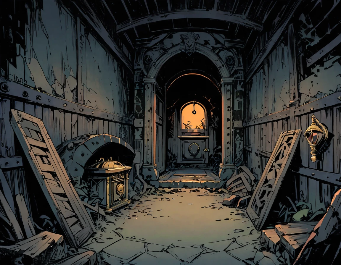 View from down, Massive rustic Iron Door, ancient inscriptions, closed space, gloom, WW1 bunker, ((old brass oil lamp)), masterpiece, Darkest Dungeon art, ultra detailed, thick outlines style