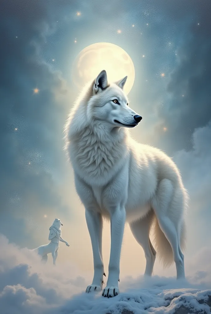 Hyper-realistic oil painting of The Celestial Guardian: A majestic white wolf standing as a sentinel between the physical and spiritual worlds, its shimmering, ethereal fur and awe-inspiring, mystical presence filling the frame. The painting uses Neo-Romantic and Chiaroscuro lighting techniques to create a celestial, baroque-inspired atmosphere, with a worm's eye view perspective and soft, diffused lighting illuminating the wolf's regal bearing. The color palette is dominated by a pastel, glowing hue that enhances the guardian spirit's otherworldly quality.