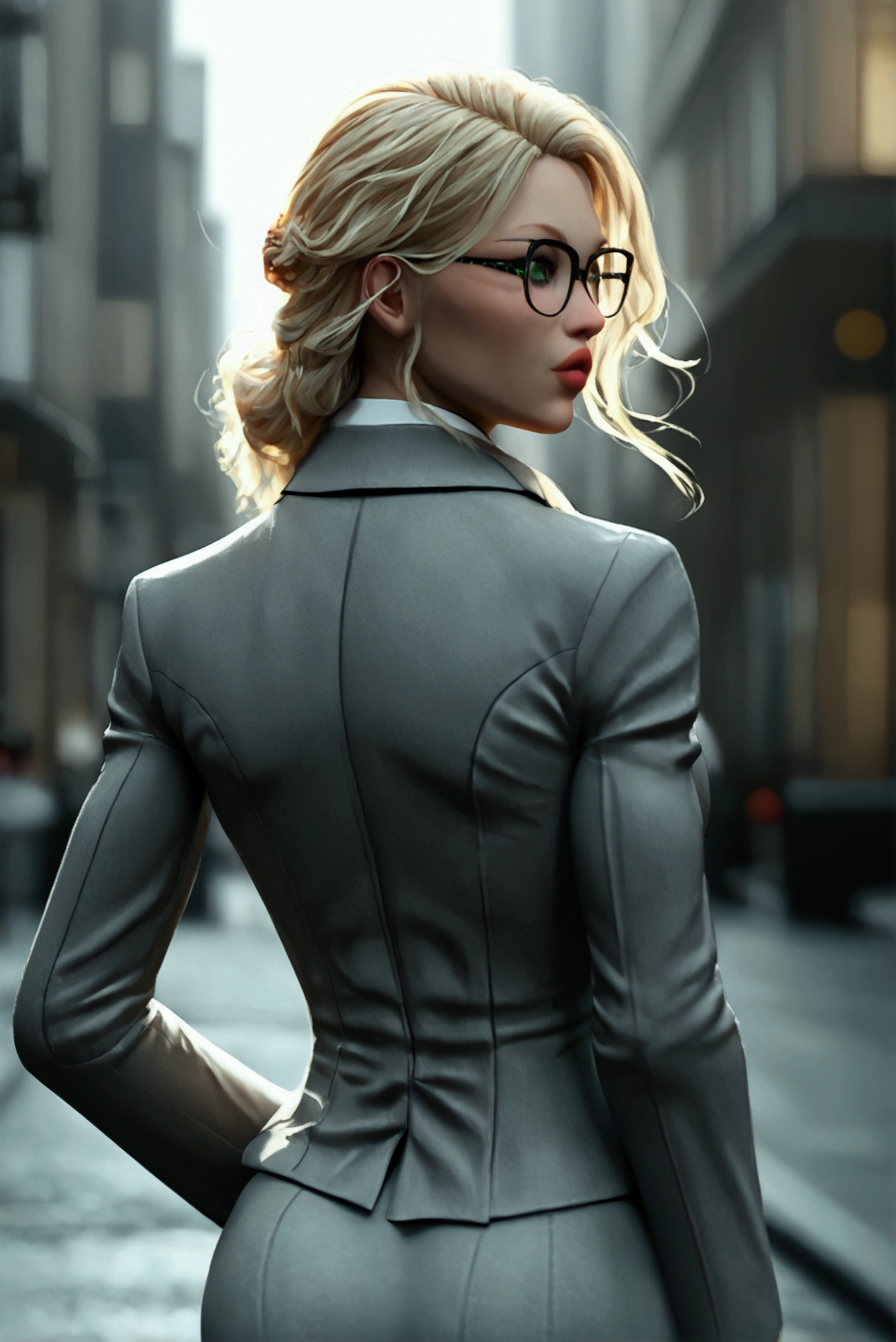 sexy woman,thin and muscular,(huge breasts)(busty)(huge legs)(Wide hips and small waist)(huge ass)He wears a formal grey jacket with a white shirt,and a short grey skirt,her outfit is very tight on her,She has medium blonde hair,very striking green eyes, glasses.She is walking through a city (hyper realistic background)(very detailed background)(Woman with her back to the bed and posing)(Look at the camera)(Her ass is in close-up in front of the camera)(perfect and sexy curves)(Daytime city background)