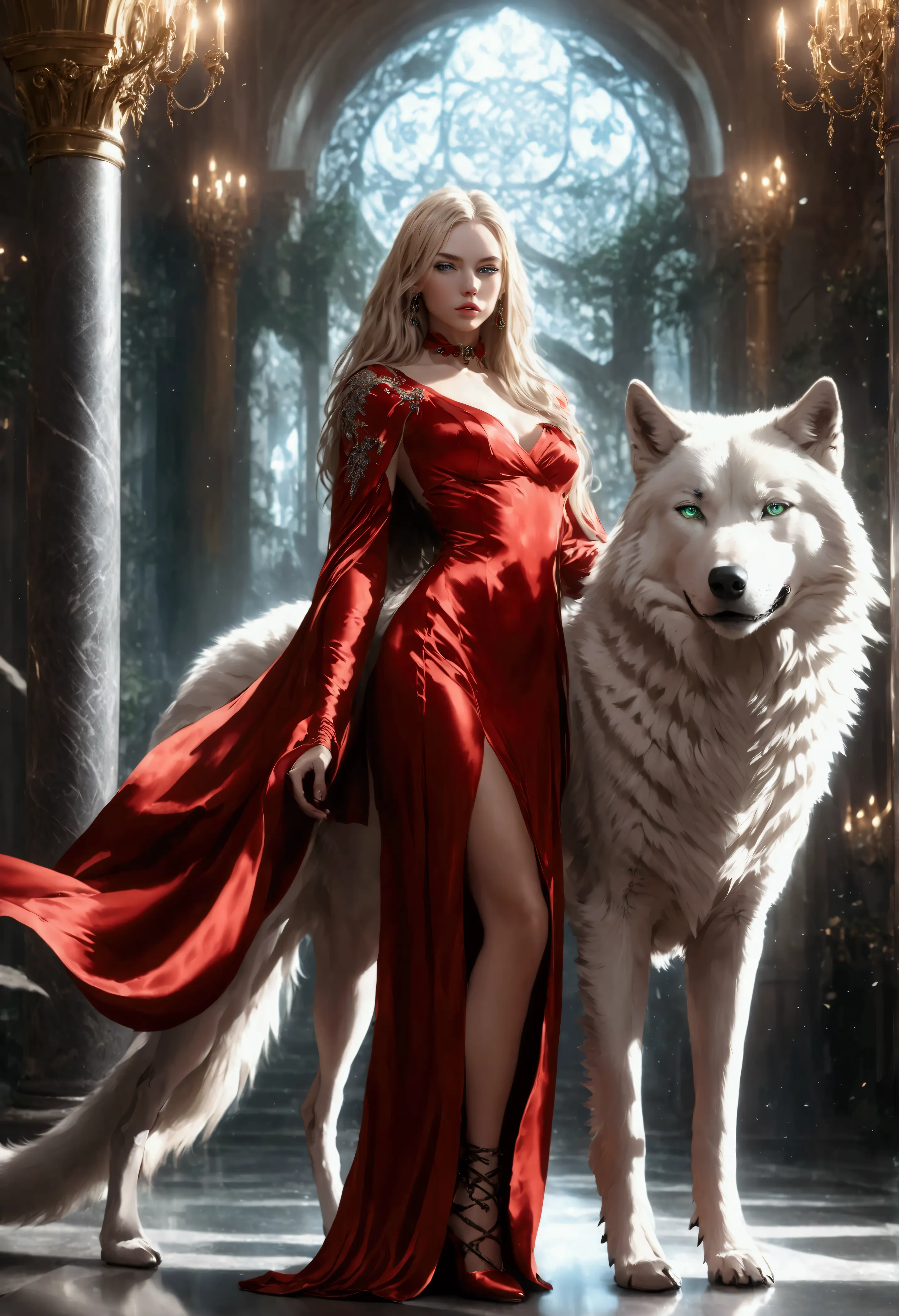 fantasy art, rpg art, ultra wide shot, raw, photorealistic, a picture of woman and her (white: 1.4) wolf pet, the woman,  an exq...