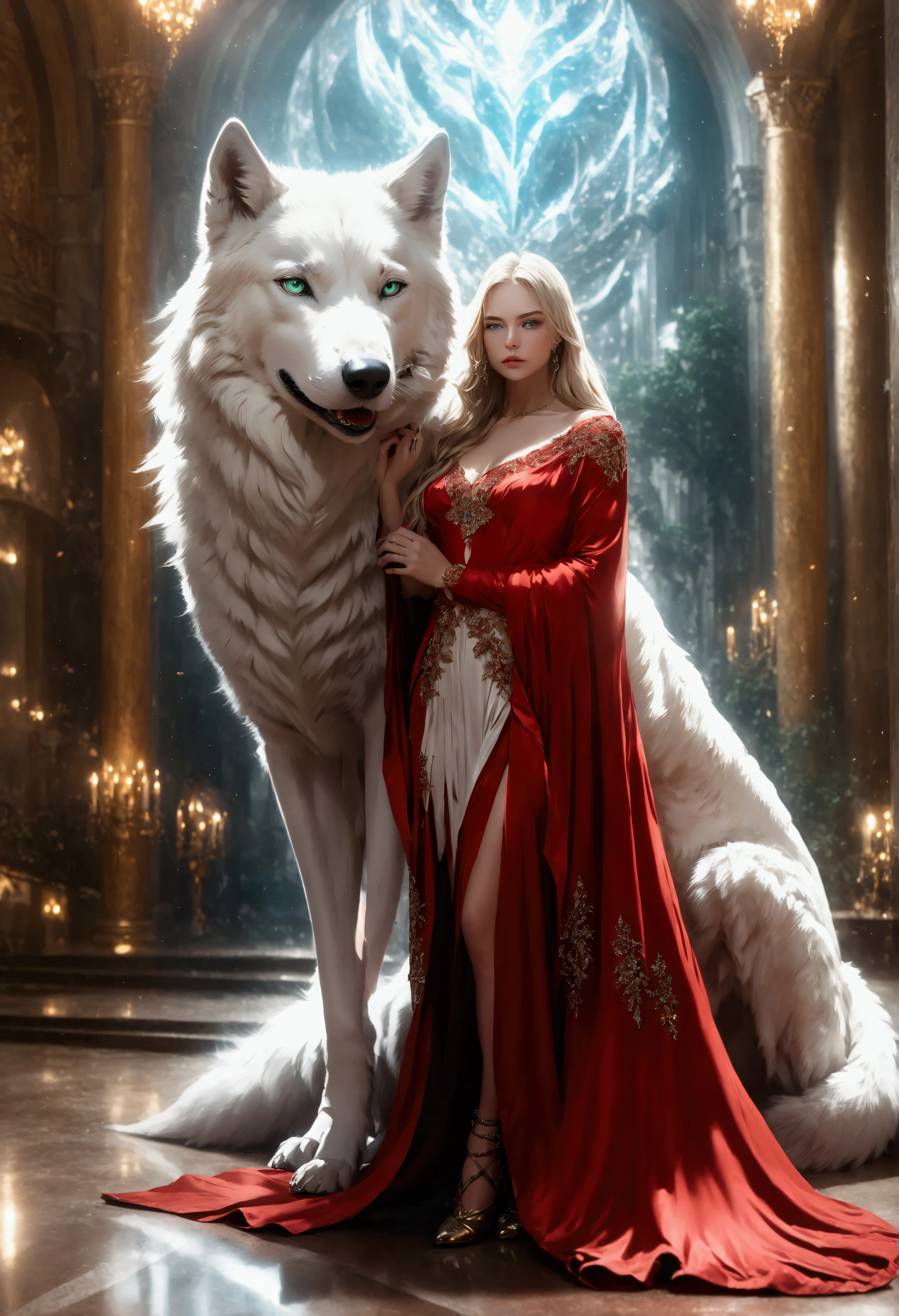 fantasy art, RPG art, ultra wide shot, RAW, photorealistic, a picture of woman and her (white: 1.4) wolf pet, the woman,  an exquisite beautiful human woman, long blond hair, braided hair, green eyes, wearing elegant silk dress, intricate dress,  wearing (red cloak: 1.1), wearing high heeled boots, standing in a fantasy ballroom, an epic ((white)) wolf stands near her, glowing blue eyes, protecting her, fantasy ballroom at night background, best quality, 16k, [ultra detailed], masterpiece, best quality, (ultra detailed), full body, ultra wide shot, photorealism